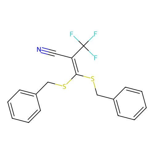 3,3-Bis(benzylsulfanyl)-2-(trifluoromethyl)prop-2-enenitrile structure