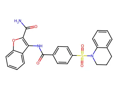 3-(4-((3,4-dihydroquinolin-1(2H)-yl)sulfonyl)benzamido)benzofuran-2-carboxamide structure