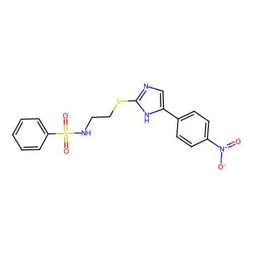 N-(2-{[5-(4-nitrophenyl)-1H-imidazol-2-yl]sulfanyl}ethyl)benzenesulfonamide structure