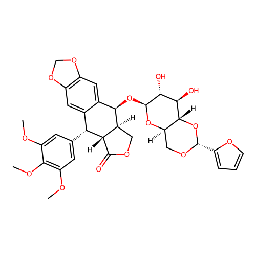 Podophyllotoxin O-furfurylidene-beta-D-glucopyranoside structure