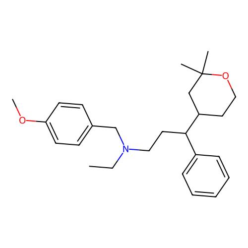3-(2,2-dimethyloxan-4-yl)-N-ethyl-N-[(4-methoxyphenyl)methyl]-3-phenyl-propan-1-amine structure