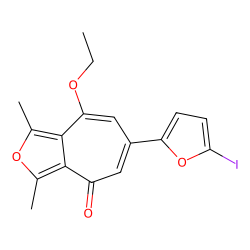 8-ethoxy-6-(5-iodofuran-2-yl)-1,3-dimethyl-4H-cyclohepta[c]furan-4-one structure