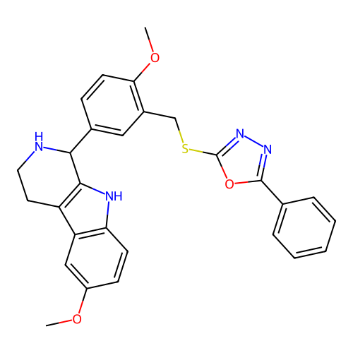 2-((2-methoxy-5-(6-methoxy-2,3,4,9-tetrahydro-1H-pyrido[3,4-b]indol-1-yl)benzyl)thio)-5-phenyl-1,3,4-oxadiazole structure