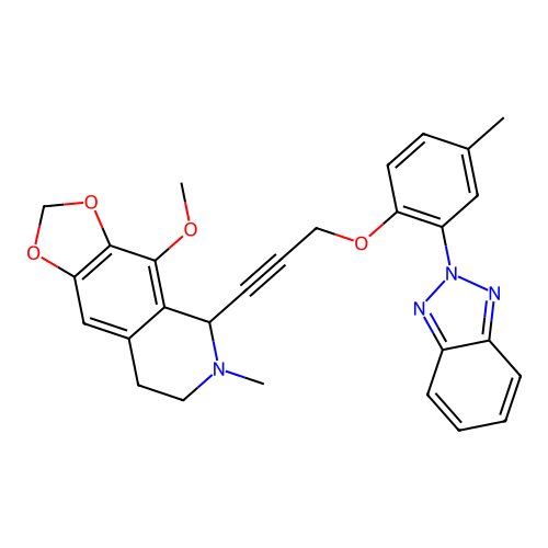 5-(3-(2-(2H-benzo[d][1,2,3]triazol-2-yl)-4-methylphenoxy)prop-1-yn-1-yl)-4-methoxy-6-methyl-5,6,7,8-tetrahydro-[1,3]dioxolo[4,5-g]isoquinoline structure