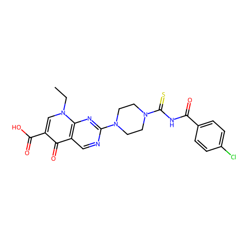 2-(4-{[(4-chlorophenyl)carbonyl]carbamothioyl}piperazin-1-yl)-8-ethyl-5-oxo-5,8-dihydropyrido[2,3-d]pyrimidine-6-carboxylic acid structure