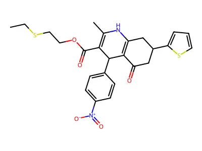 2-(ethylsulfanyl)ethyl 2-methyl-4-(4-nitrophenyl)-5-oxo-7-(thiophen-2-yl)-1,4,5,6,7,8-hexahydroquinoline-3-carboxylate structure