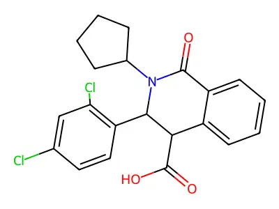 2-cyclopentyl-3-(2,4-dichlorophenyl)-1-oxo-1,2,3,4-tetrahydro-4-isoquinolinecarboxylic acid structure