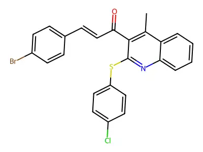 3-(4-bromophenyl)-1-[2-(4-chlorophenyl)sulfanyl-4-methyl-quinolin-3-yl]prop-2-en-1-one structure