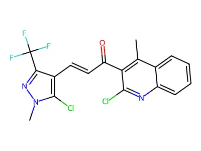 (E)-1-(2-chloro-4-methyl-3-quinolinyl)-3-[5-chloro-1-methyl-3-(trifluoromethyl)-1H-pyrazol-4-yl]-2-propen-1-one structure