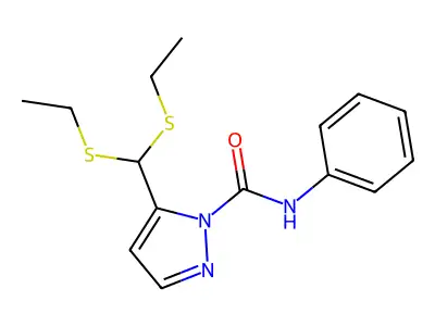 5-[bis(ethylsulfanyl)methyl]-N-phenyl-1H-pyrazole-1-carboxamide structure