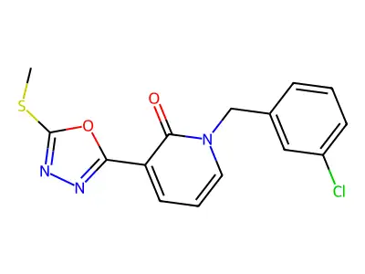 1-[(3-chlorophenyl)methyl]-3-(5-methylsulfanyl-1,3,4-oxadiazol-2-yl)pyridin-2-one structure