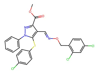 methyl 5-(4-chlorophenyl)sulfanyl-4-[(2,4-dichlorophenyl)methoxyiminomethyl]-1-phenylpyrazole-3-carboxylate structure