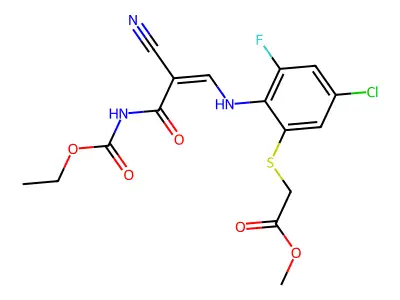 methyl 2-[5-chloro-2-[[2-cyano-3-(ethoxycarbonylamino)-3-oxoprop-1-enyl]amino]-3-fluorophenyl]sulfanylacetate structure