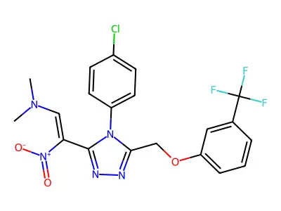 2-[4-(4-chlorophenyl)-5-[[3-(trifluoromethyl)phenoxy]methyl]-1,2,4-triazol-3-yl]-N,N-dimethyl-2-nitroethenamine structure