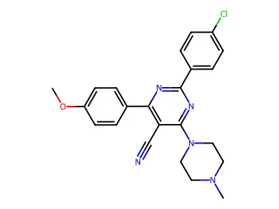2-(4-chlorophenyl)-4-(4-methoxyphenyl)-6-(4-methylpiperazin-1-yl)pyrimidine-5-carbonitrile structure