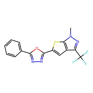 1-methyl-5-(5-phenyl-1,3,4-oxadiazol-2-yl)-3-(trifluoromethyl)-1H-thieno[2,3-c]pyrazole structure