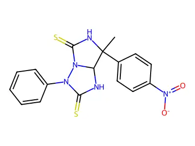 7-methyl-7-(4-nitrophenyl)-3-phenyldihydro-1H-imidazo[1,5-b][1,2,4]triazole-2,5(3H,6H)-dithione structure