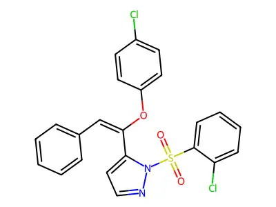 5-[1-(4-Chlorophenoxy)-2-phenylethenyl]-1-(2-chlorophenyl)sulfonylpyrazole structure
