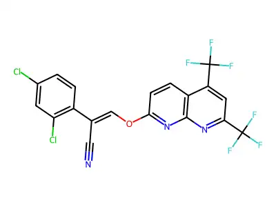 3-[[5,7-bis(trifluoromethyl)-1,8-naphthyridin-2-yl]oxy]-2-(2,4-dichlorophenyl)prop-2-enenitrile structure