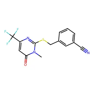 3-[[1-Methyl-6-oxo-4-(trifluoromethyl)pyrimidin-2-yl]sulfanylmethyl]benzonitrile structure