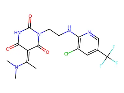 1-(2-{[3-chloro-5-(trifluoromethyl)-2-pyridinyl]amino}ethyl)-5-[1-(dimethylamino)ethylidene]-2,4,6(1H,3H,5H)-pyrimidinetrione structure