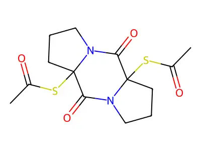 S-(9-acetylsulfanyl-2,8-dioxo-1,7-diazatricyclo[7.3.0.03,7]dodecan-3-yl) ethanethioate structure