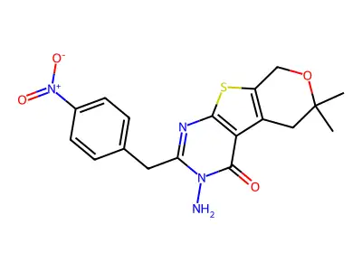 3-Amino-3,5,6,8-tetrahydro-6,6-dimethyl-2-[(4-nitrophenyl)methyl]-4H-pyrano[4',3':4,5]thieno[2,3-d]pyrimidin-4-one structure
