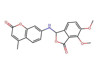 7-((4,5-dimethoxy-3-oxo-1,3-dihydroisobenzofuran-1-yl)amino)-4-methyl-2H-chromen-2-one structure