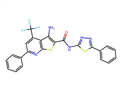3-amino-6-phenyl-N-(5-phenyl-1,3,4-thiadiazol-2-yl)-4-(trifluoromethyl)thieno[2,3-b]pyridine-2-carboxamide structure