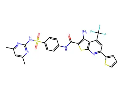 3-Amino-N-(4-(N-(4,6-dimethylpyrimidin-2-yl)sulfamoyl)phenyl)-6-(thiophen-2-yl)-4-(trifluoromethyl)thieno[2,3-b]pyridine-2-carboxamide structure