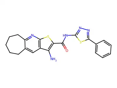 3-amino-N-(5-phenyl-1,3,4-thiadiazol-2-yl)-6,7,8,9-tetrahydro-5H-cyclohepta[b]thieno[3,2-e]pyridine-2-carboxamide structure