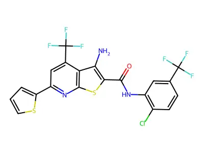 3-amino-N-[2-chloro-5-(trifluoromethyl)phenyl]-6-(2-thienyl)-4-(trifluoromethyl)thieno[2,3-b]pyridine-2-carboxamide structure