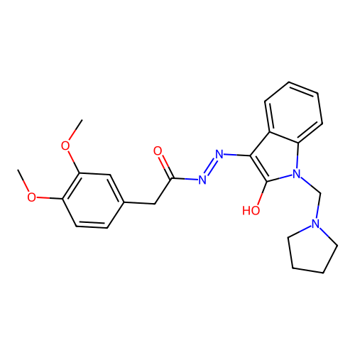 2-(3,4-dimethoxyphenyl)-N-[[2-oxo-1-(pyrrolidin-1-ylmethyl)indol-3-ylidene]amino]acetamide structure
