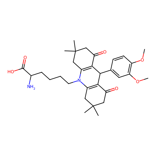 2-amino-6-(9-(3,4-dimethoxyphenyl)-3,3,6,6-tetramethyl-1,8-dioxo-1,2,3,4,5,6,7,8-octahydroacridin-10(9H)-yl)hexanoic acid structure