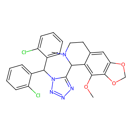 5-(1-(bis(2-chlorophenyl)methyl)-1H-tetrazol-5-yl)-4-methoxy-6-methyl-5,6,7,8-tetrahydro-[1,3]dioxolo[4,5-g]isoquinoline structure