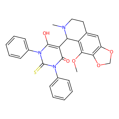 6-hydroxy-5-(4-methoxy-6-methyl-5,6,7,8-tetrahydro-[1,3]dioxolo[4,5-g]isoquinolin-5-yl)-1,3-diphenyl-2-thioxo-2,3-dihydropyrimidin-4(1H)-one structure