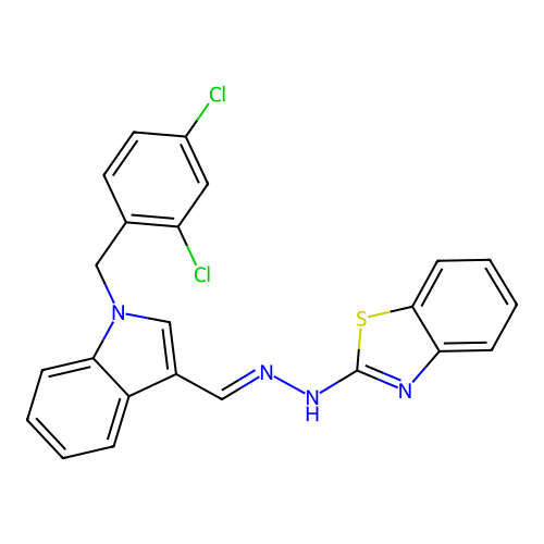 ((1E)-2-{1-[(2,4-dichlorophenyl)methyl]indol-3-yl}-1-azavinyl)benzothiazol-2-y lamine structure