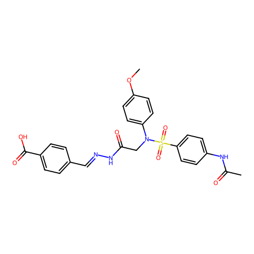 (E)-4-((2-(2-(4-acetamido-N-(4-methoxyphenyl)phenylsulfonamido)acetyl)hydrazono)methyl)benzoic acid structure