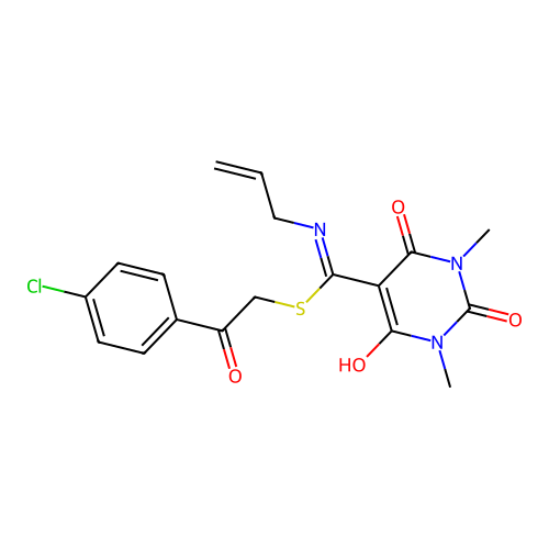 5-((allylamino)((2-(4-chlorophenyl)-2-oxoethyl)thio)methylene)-1,3-dimethylpyrimidine-2,4,6(1H,3H,5H)-trione structure