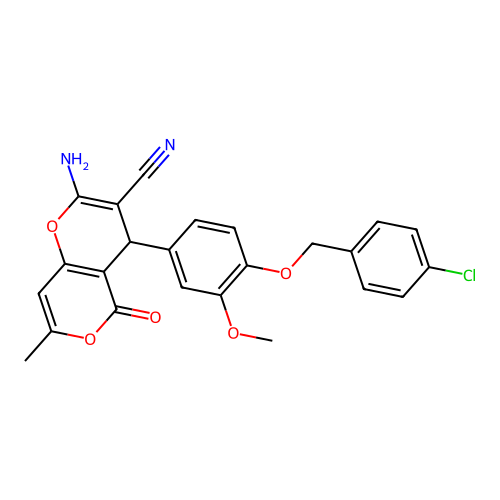 2-amino-4-{4-[(4-chlorobenzyl)oxy]-3-methoxyphenyl}-7-methyl-5-oxo-4H,5H-pyrano[4,3-b]pyran-3-carbonitrile structure