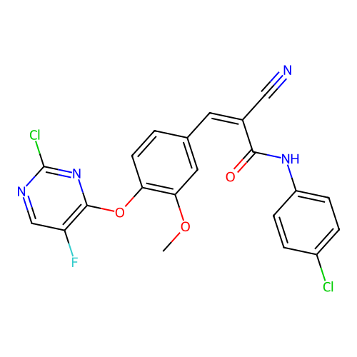 (2Z)-3-[4-(2-chloro-5-fluoropyrimidin-4-yloxy)-3-methoxyphenyl]-N-(4-chlorophe nyl)-2-cyanoprop-2-enamide structure
