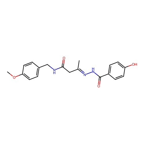 (3E)-3-{2-[(4-hydroxyphenyl)carbonyl]hydrazinylidene}-N-(4-methoxybenzyl)butanamide structure