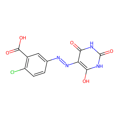 2-chloro-5-[2-(2,4,6-trioxo-1,3-diazinan-5-ylidene)hydrazinyl]benzoic Acid structure