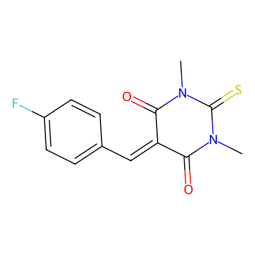 5-(4-fluorobenzylidene)-1,3-dimethyl-2-thioxodihydropyrimidine-4,6(1H,5H)-dione structure