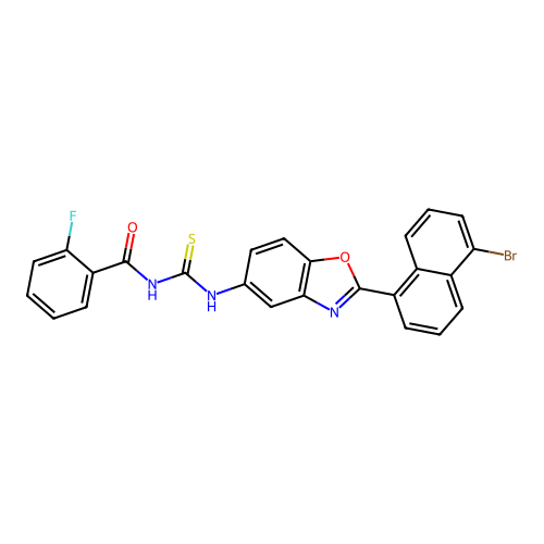 N-((2-(5-bromonaphthalen-1-yl)benzo[d]oxazol-5-yl)carbamothioyl)-2-fluorobenzamide structure