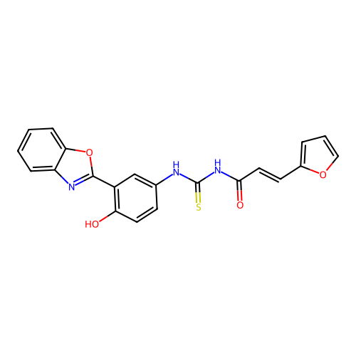 (2E)-N-{[3-(1,3-benzoxazol-2-yl)-4-hydroxyphenyl]carbamothioyl}-3-(furan-2-yl)prop-2-enamide structure