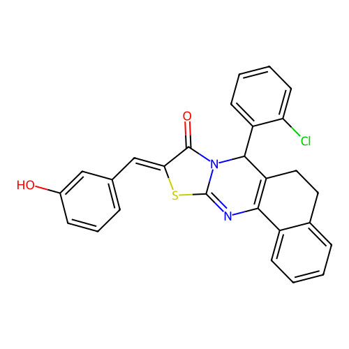 (10Z)-7-(2-chlorophenyl)-10-(3-hydroxybenzylidene)-5,7-dihydro-6H-benzo[h][1,3]thiazolo[2,3-b]quinazolin-9(10H)-one structure