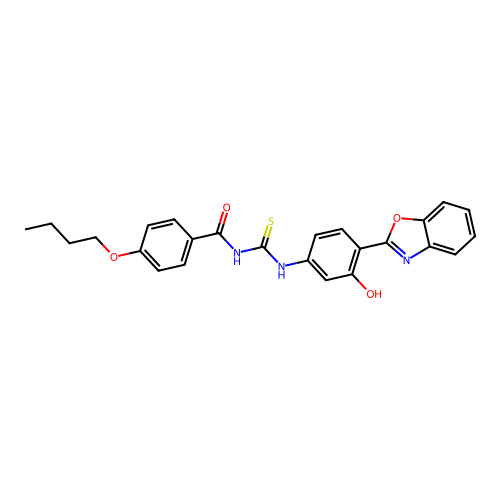 N-{[4-(1,3-benzoxazol-2-yl)-3-hydroxyphenyl]carbamothioyl}-4-butoxybenzamide structure