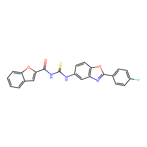 benzo[d]furan-2-yl-N-({[2-(4-fluorophenyl)benzoxazol-5-yl]amino}thioxomethyl)c arboxamide structure