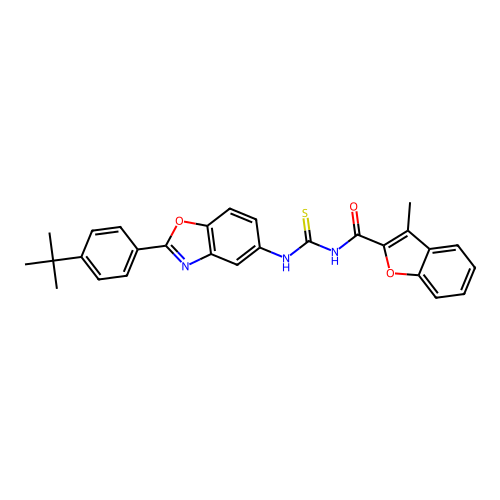 3-methyl-N-[[2-(4-tert-butylphenyl)benzooxazol-5-yl]thiocarbamoyl]benzofuran-2-carboxamide structure